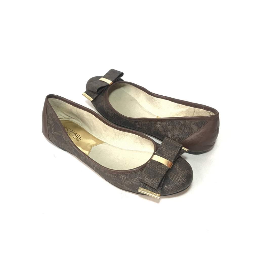 MICHAEL Kors Kiera Brown Signature Monogram Leather Ballet Flats 8M